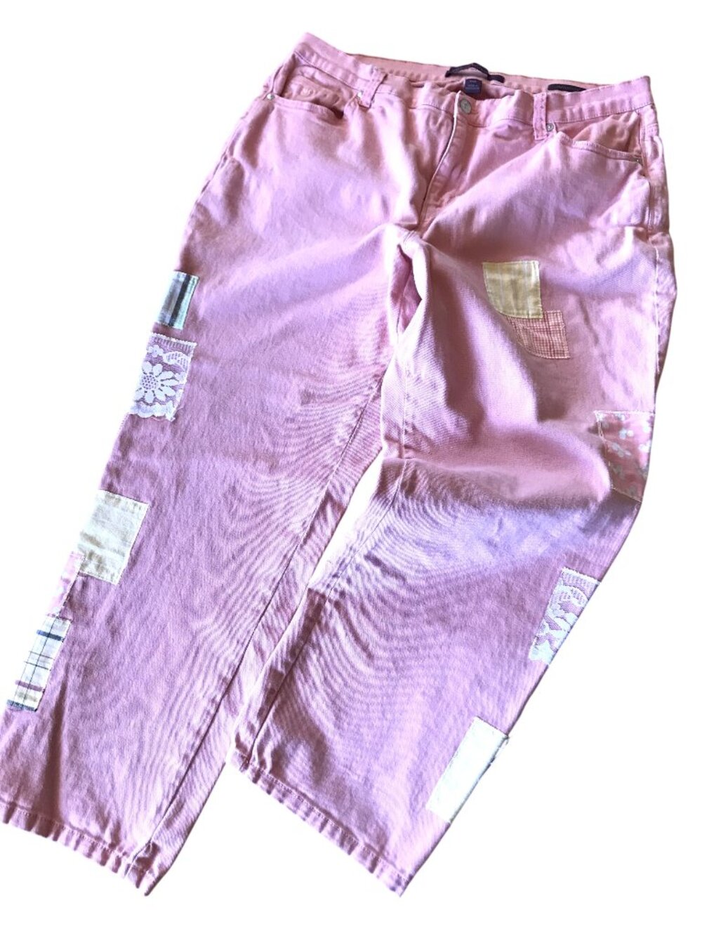 Boho Patchwork Cropped Jeans, Upcycled Travel Camp Pants Spring Patches 16